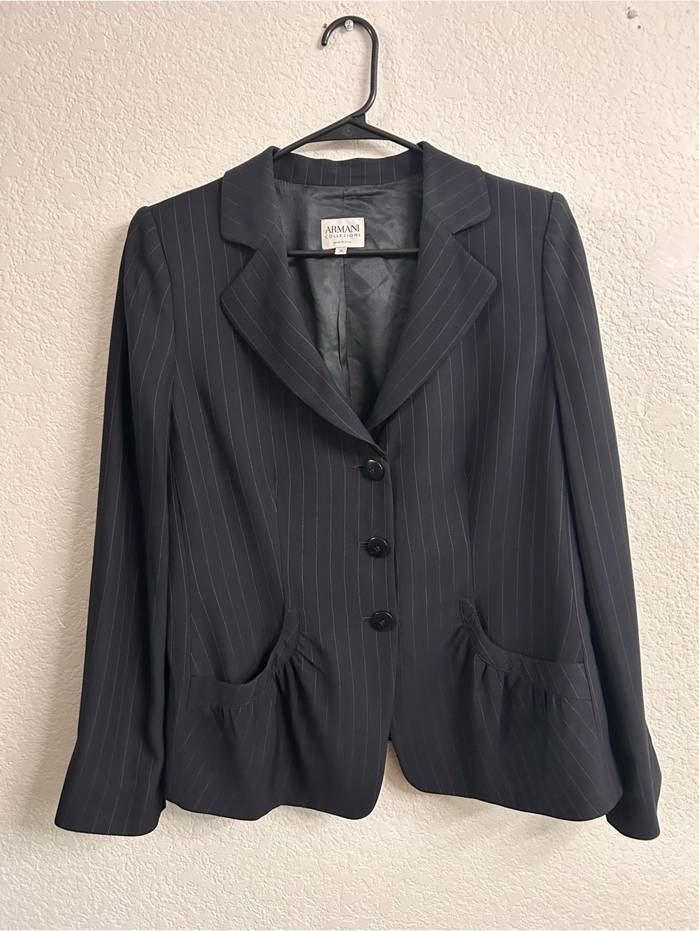 Vtg 90s Y2K Armani Collezioni Wool Pant Suit Pinstripe Dark  Blue Womens Sz 14